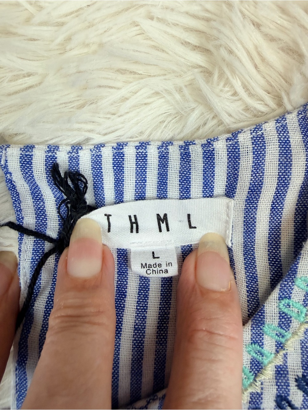 THML Embroidered Stripe Ruffle Top Pom Pom Boho Blouse Size Large NEW - Picture 4 of 7
